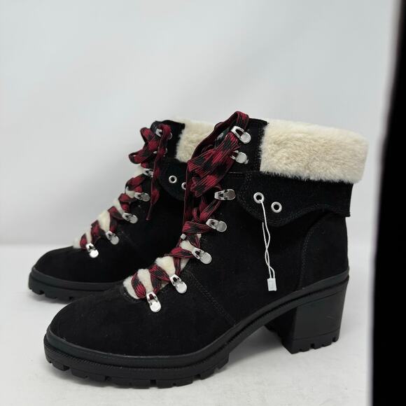 Brand New Pop Women's 11M Romaine Black Faux Fur Trim Heeled Booties Boots - Picture 8 of 10